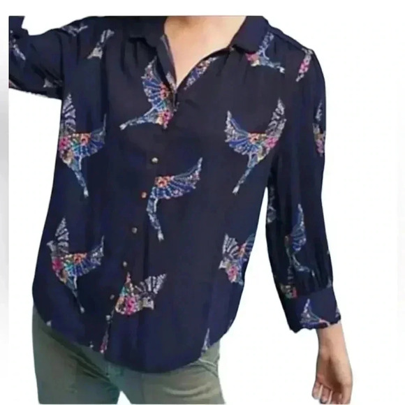 Maeve Tops - ANTHROPOLOGIE MAEVE Alden Floral Bird Shirt Navy Blue Button-down  XSmall P
